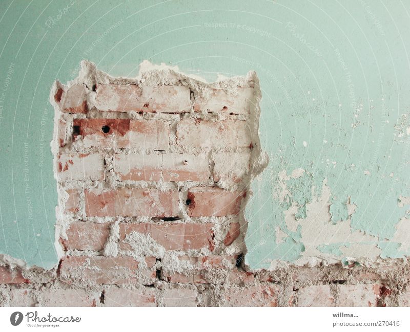 disclosure Redecorate Construction site Wall (barrier) Wall (building) Facade Brick Broken Decline Transience Change Brick construction Turquoise Plaster