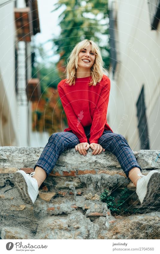 Smiling blonde girl with red shirt enjoying life outdoors. Lifestyle Style Happy Beautiful Hair and hairstyles Human being Feminine Young woman