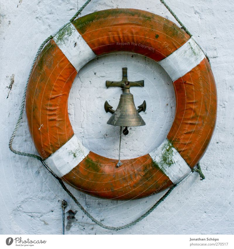 Rescue of the bell Navigation Cruise liner Ferry Watercraft Harbour Yacht harbour Anchor Red White Life belt Rescue equipment Bell Ship's bell Lifesaving Circle