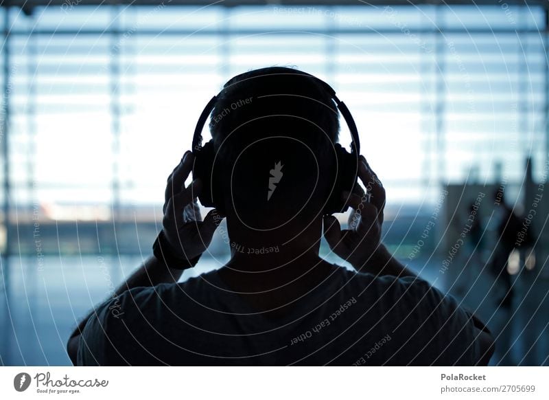 #AS# NOISE Art Esthetic Airport Concourse Departure lounge Headphones Crash Volume Music Listen to music Silhouette Wait Calm Colour photo Subdued colour