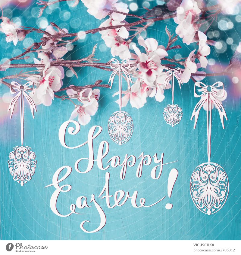Happy Easter. Easter greeting card with text Style Design Decoration Feasts & Celebrations Nature Plant Spring Leaf Blossom Sign Yellow Pink Text