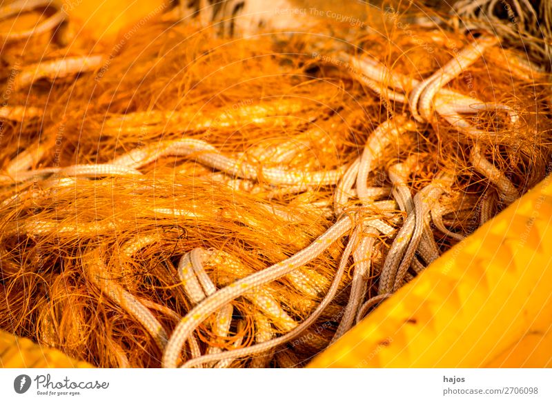 Fishing nets on a fishing boat Fishing boat Orange fishing nets Heap muddled fishing cutter accessories ropes Colour photo Exterior shot Close-up Deserted Day