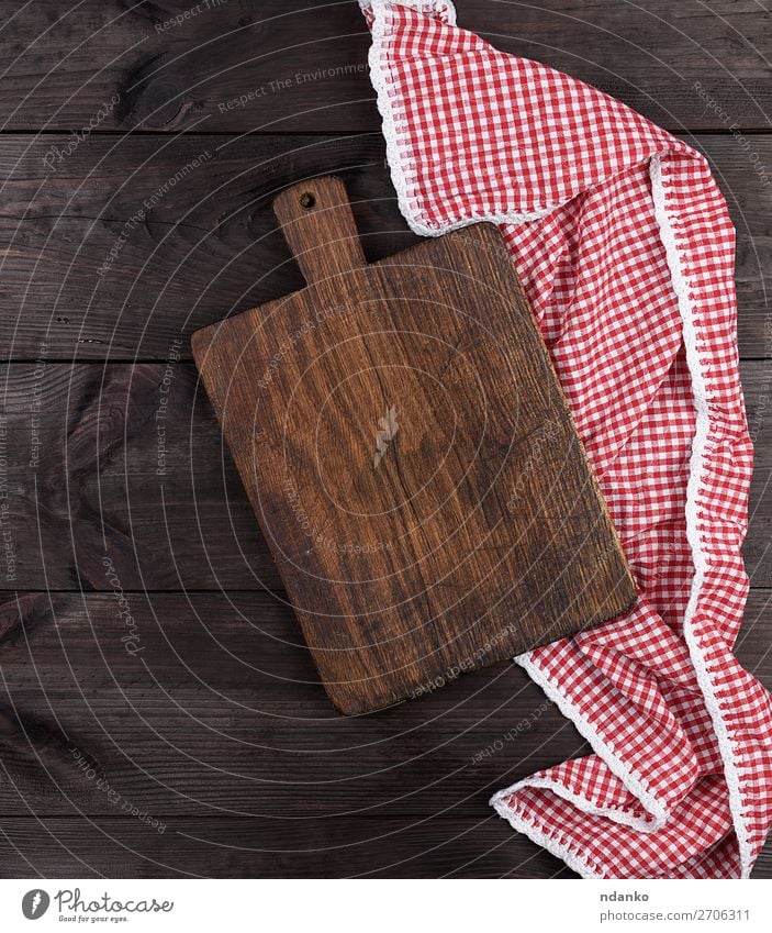 Empty very old wooden kitchen cutting board Kitchen Wood Old Dirty Dark Above Retro Brown Red background Blank chopping cooking Copy Space empty food Grunge