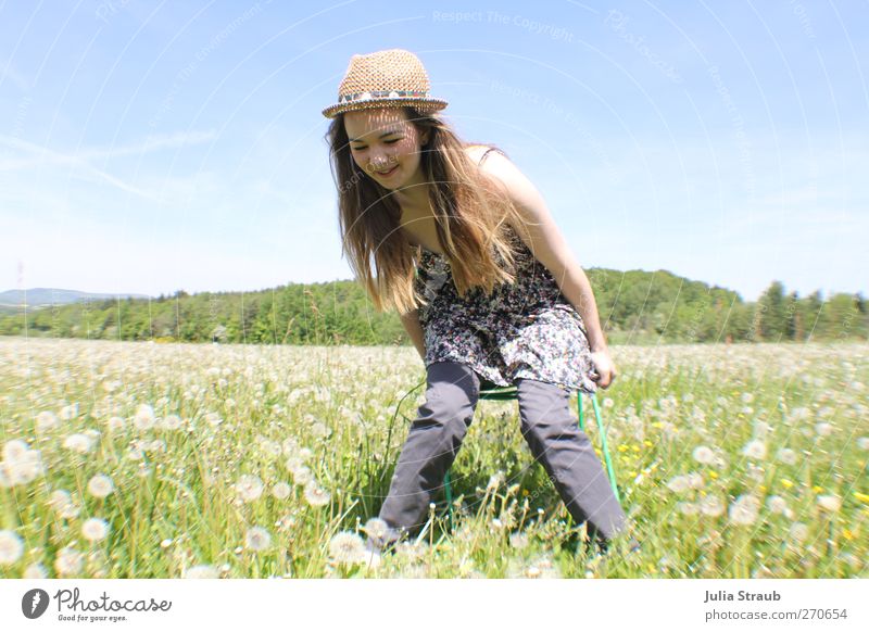 hey Human being Feminine Young woman Youth (Young adults) Body 1 18 - 30 years Adults Nature Sky Summer Beautiful weather Flower Grass Dandelion field Meadow