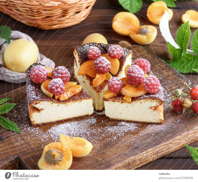 pie with raspberries and apricots Cheese Fruit Dessert Candy Nutrition Table Wood Fresh Delicious Brown Red White Colour Apricot background Baking Berries cake
