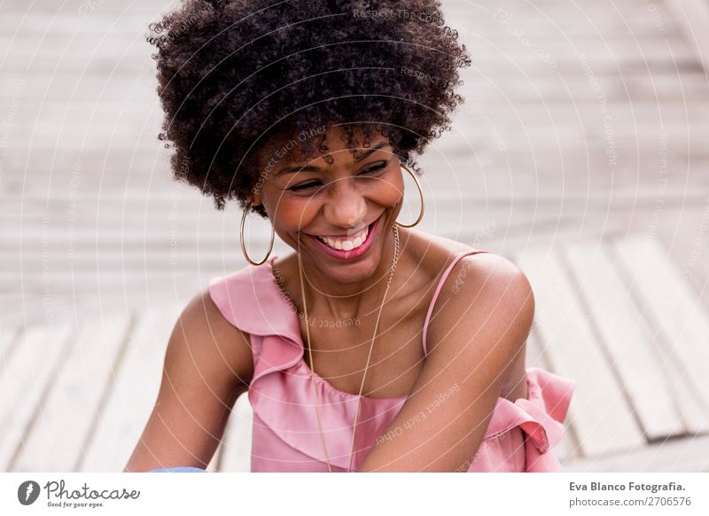 portrait of a beautiful afro american woman smiling Lifestyle Style Happy Beautiful Hair and hairstyles Leisure and hobbies Summer Sun Feminine Young woman