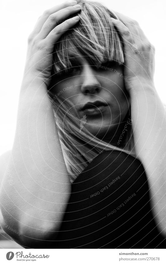 helpless 1 Human being Perturbed Stunned Fear Perplexed Panic Disbelief Irritation Sadness Grief Model Bangs Blonde Portrait photograph Black & white photo