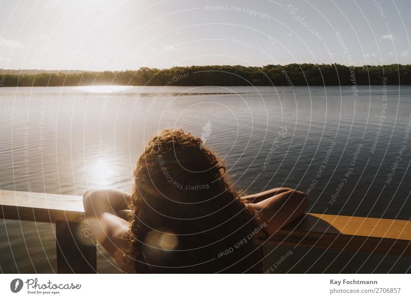 Young woman looks out from boat onto mangrove bay Lifestyle Happy Harmonious Relaxation Calm Vacation & Travel Tourism Trip Far-off places Freedom Cruise Summer