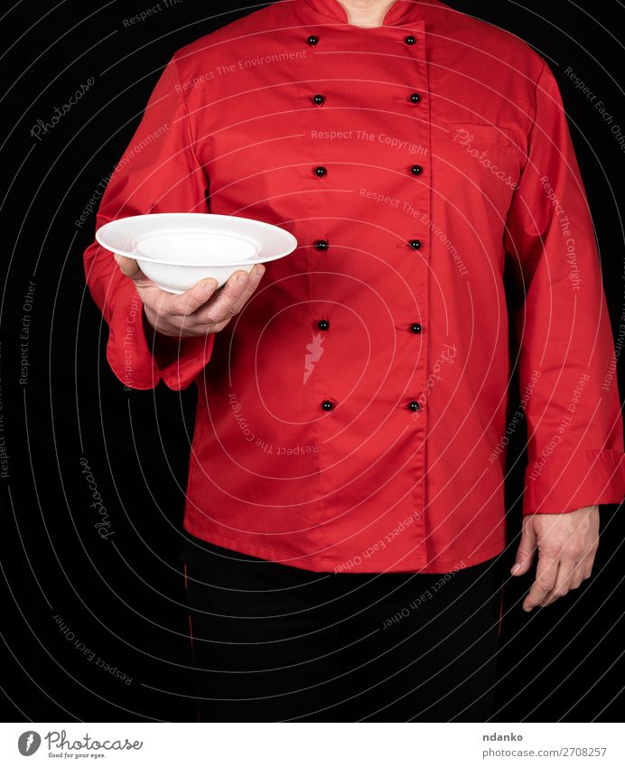 chef in red uniform Soup Stew Lunch Dinner Plate Kitchen Restaurant Profession Cook Human being Man Adults Hand Stand Carrying Dark Clean Red Black White