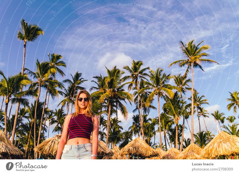 Girl at Bavaro Beaches in Punta Cana, Dominican Republic Happy Vacation & Travel Tourism Summer Ocean Island Woman Adults Environment Nature Sand Tree Leaf