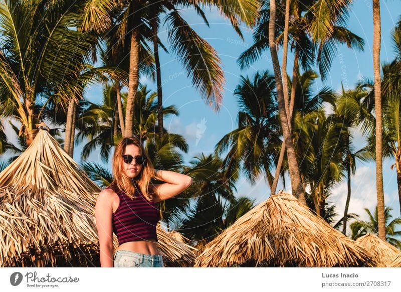 Girl at Bavaro Beaches in Punta Cana, Dominican Republic Happy Vacation & Travel Tourism Summer Ocean Island Woman Adults Environment Nature Sand Tree Leaf