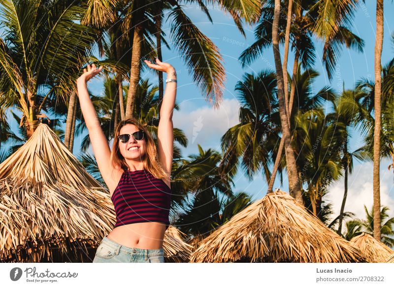 Girl at Bavaro Beaches in Punta Cana, Dominican Republic Happy Vacation & Travel Tourism Summer Ocean Island Woman Adults Environment Nature Sand Tree Leaf