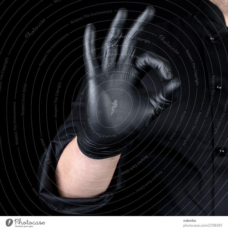 male chef's hand in black latex gloves Kitchen Profession Cook Human being Man Adults Hand Fingers 1 30 - 45 years Gloves Good Black Gesture sign successful