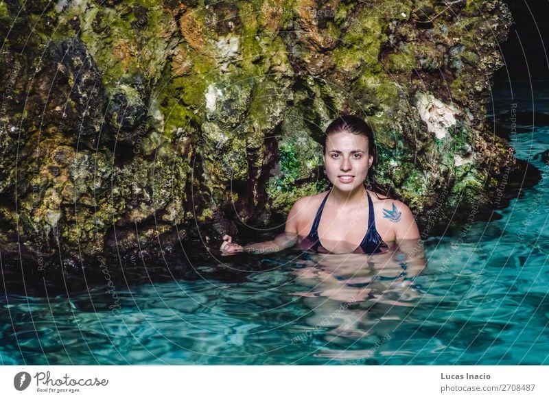 Girl at Hoyo Azul in Punta Cana, Dominican Republic Happy Vacation & Travel Tourism Summer Island Woman Adults Blonde Red-haired Smiling Happiness Blue