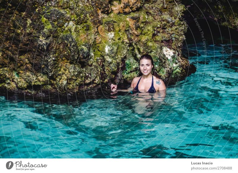 Girl at Hoyo Azul in Punta Cana, Dominican Republic Happy Vacation & Travel Tourism Summer Island Woman Adults Blonde Red-haired Smiling Happiness Blue