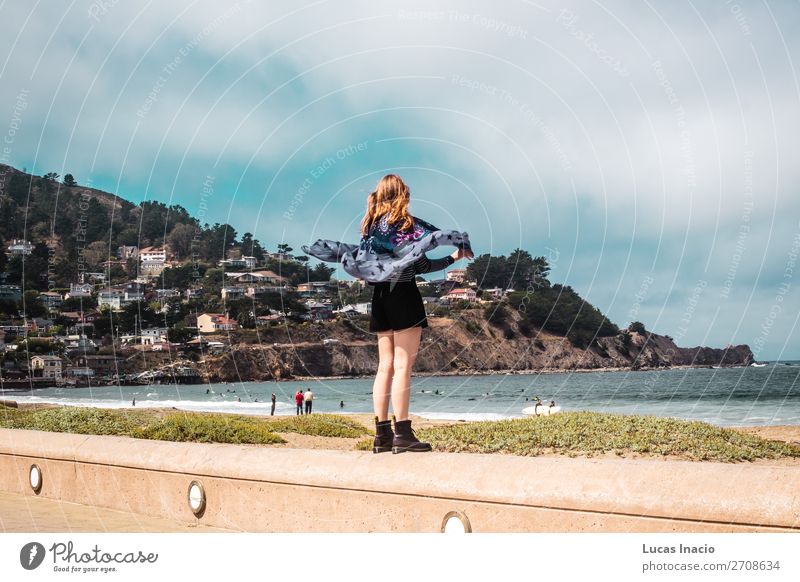 Pretty Girl walking in front of the Beach in California Vacation & Travel Tourism Summer Ocean Mountain Woman Adults Environment Nature Landscape Sand Sky Tree