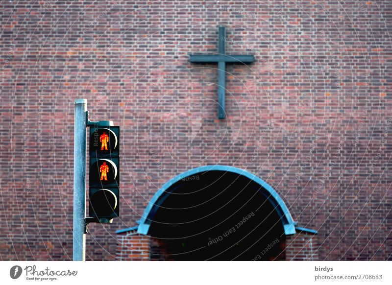 red pedestrian light in front of a church entrance, no entrance, symbolic picture Church Wall (barrier) Wall (building) Pedestrian Traffic light Brick Sign