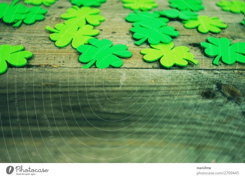 Beautiful close-up of many irish shamrocks Design Happy Table Wallpaper Feasts & Celebrations Culture Leaf Paper Wood Ornament Hip & trendy Green Colour