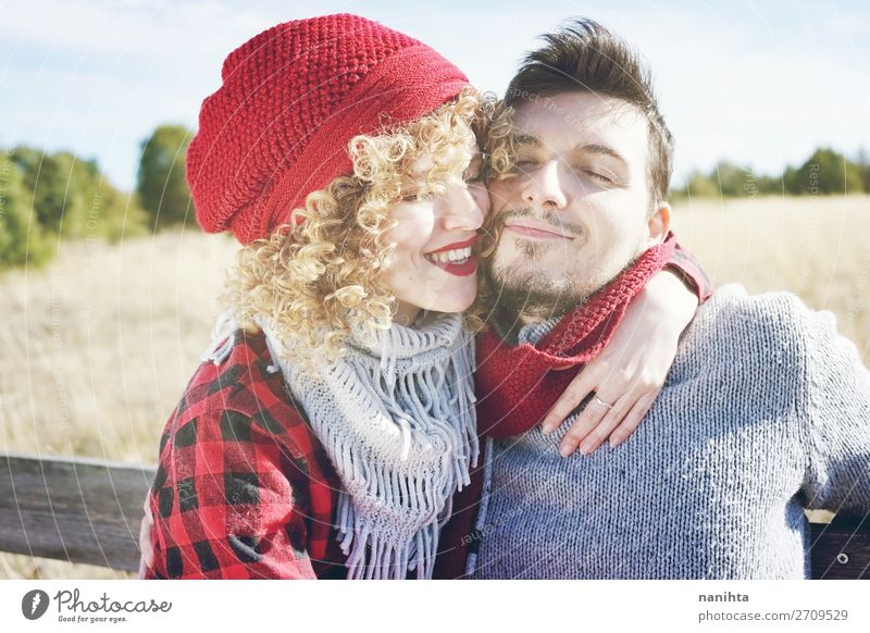 Romantic and happy young couple Lifestyle Joy Happy Beautiful Sunbathing Valentine's Day Human being Masculine Feminine Woman Adults Man Family & Relations