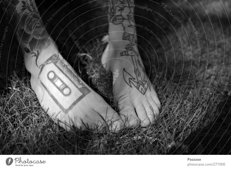 At the end of the dance leg Skin Legs Feet Dance Dancer Subculture Punk Summer Grass Sign To enjoy Tattoo Tape cassette mixtape Toes foot toe Anchor