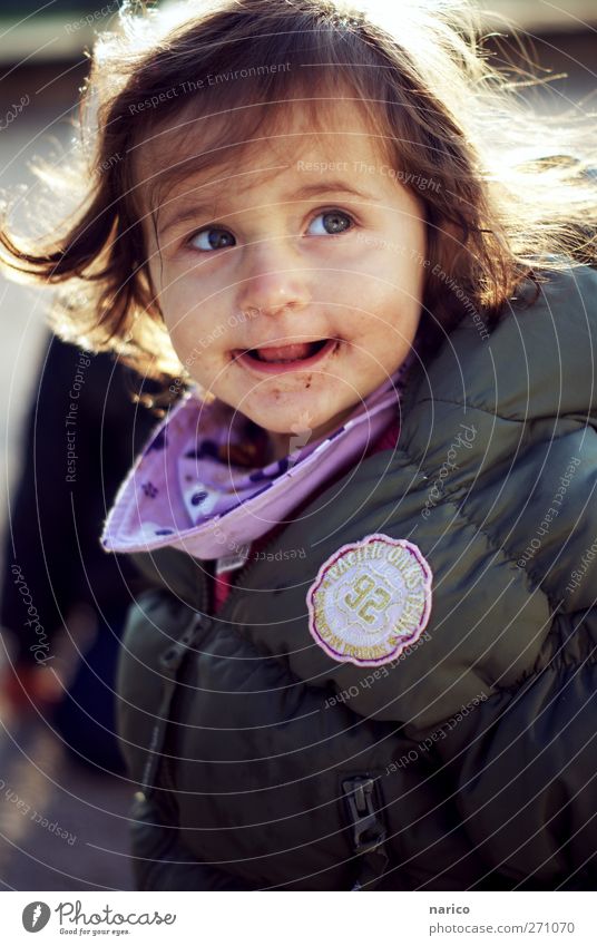 little chocolate smile Human being Feminine Child Toddler Girl Infancy 1 1 - 3 years Jacket Neckerchief Brunette Observe Rotate Smiling Looking Illuminate Free