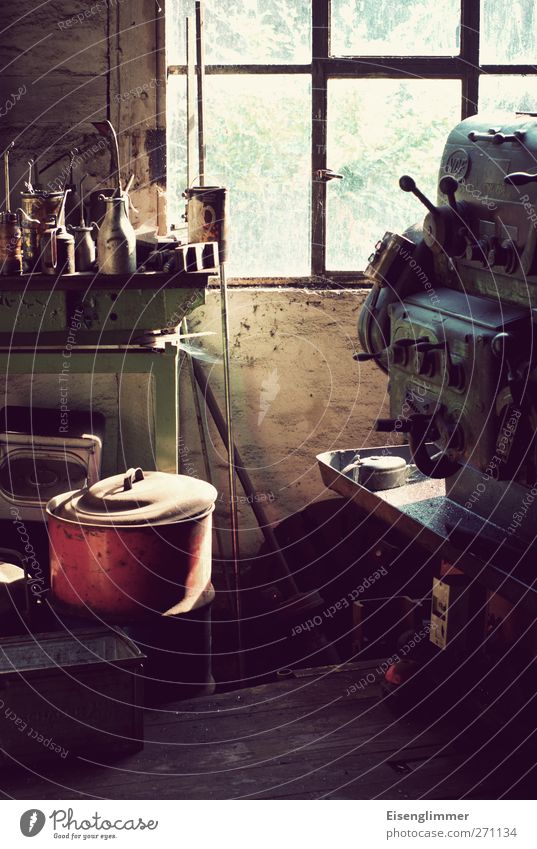 Workshop I Tool Machinery Transience Oil can Window Pot Colour photo Interior shot Close-up Deserted Copy Space top Copy Space bottom Day Light Contrast