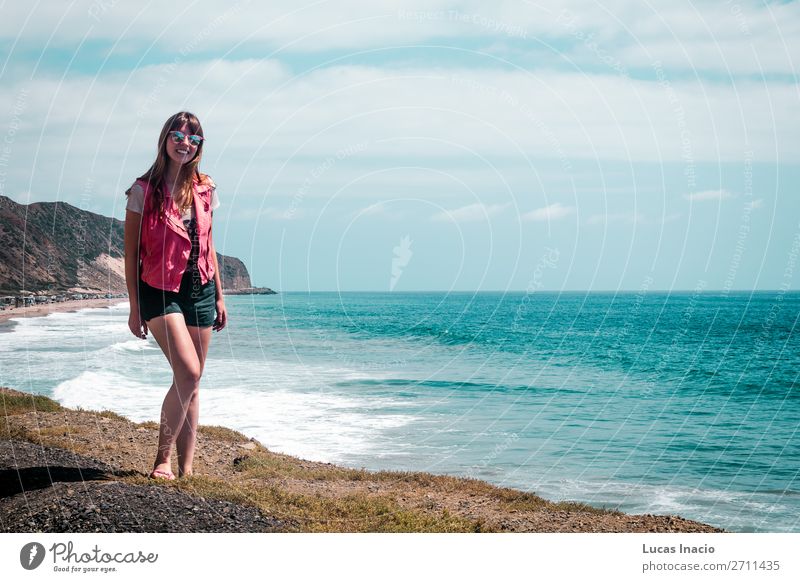 Girl and Oceanview from California Coast, United States Vacation & Travel Tourism Trip Adventure Summer Beach Mountain Feminine Young woman Youth (Young adults)