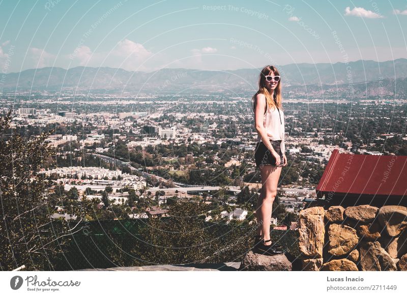 Girl at Hollywood Hills with panoramic view of Los Angeles Vacation & Travel Tourism Sightseeing Summer Summer vacation Sun Mountain