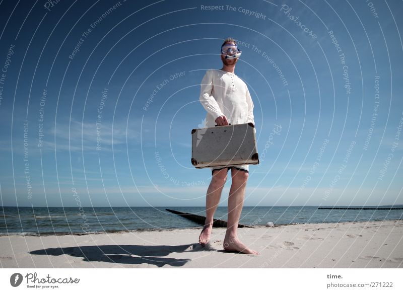 Hiddensee | Holiday maturity Human being Masculine Man Adults Body 1 30 - 45 years Water Sky Horizon Spring Beautiful weather Coast Beach Shirt Suitcase