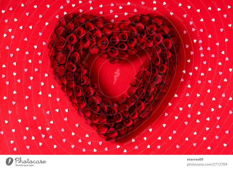 Heart made of red roses on red background for Valentine's Day Love Mother's Day Rose Flower Symbols and metaphors Feasts & Celebrations Public Holiday February