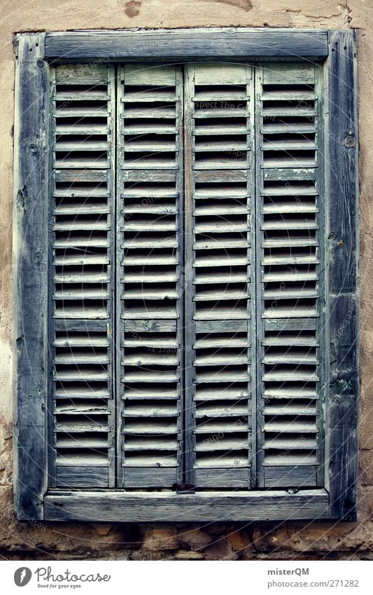 Closed. Art Esthetic Window Shutter Window board Window frame Windowsill View from a window Pattern Mediterranean Derelict Old Ancient Colour photo