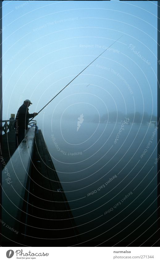 fishing in the morning Leisure and hobbies Fishing (Angle) Human being Masculine Body 1 45 - 60 years Adults Nature Water Climate Fog River Havel Bridge Breathe