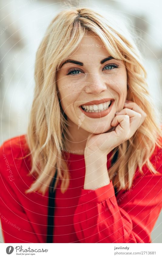 Smiling blonde girl with red shirt enjoying life outdoors. Lifestyle Style Happy Beautiful Hair and hairstyles Human being Feminine Young woman