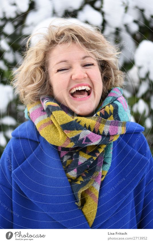 what joy... laugh blonde colorful Lifestyle pretty Vacation & Travel Winter Snow Woman Adults 1 Human being 18 - 30 years Youth (Young adults) Coat Scarf Blonde
