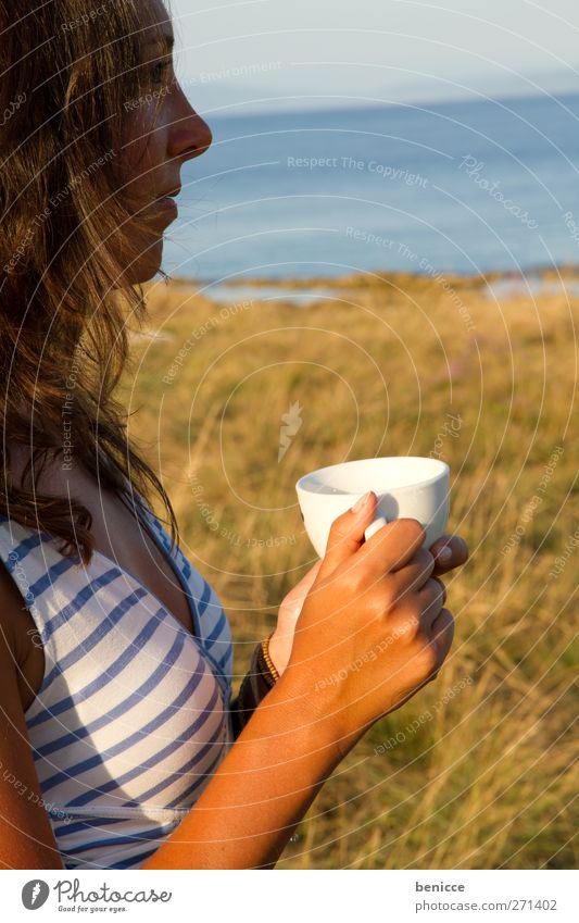 good morning Woman Human being Beach Vacation & Travel Coffee Tea Beverage Drinking Exterior shot Nature Loneliness Spirituality Meadow Sunrise Morning Evening