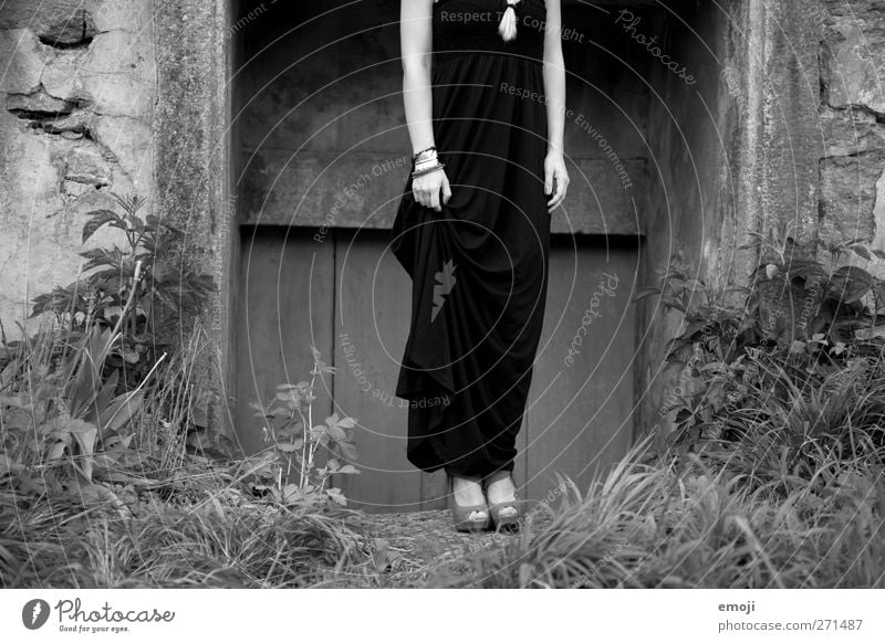 elegance Feminine Young woman Youth (Young adults) 1 Human being 18 - 30 years Adults Fashion Dress Beautiful Elegant Black & white photo Exterior shot Day