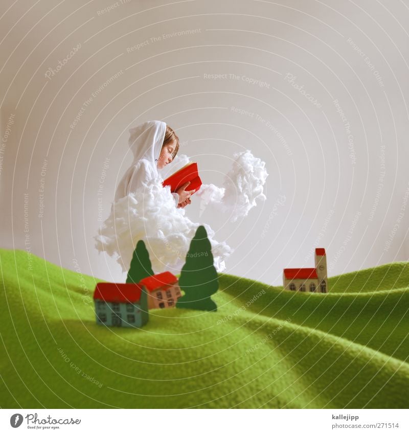 above the clouds Human being Child 1 8 - 13 years Infancy Art Culture Media Print media Book Environment Nature Landscape Plant Tree Grass Village Reading