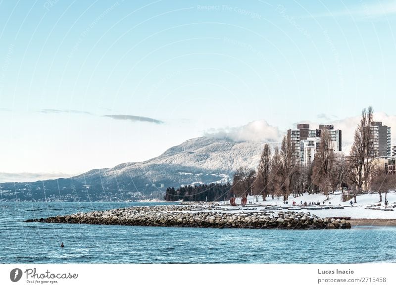 Vancouver beach covered in snow, BC, Canada Beach Ocean Winter Snow Mountain Environment Nature Sand Sky Clouds Snowfall Tree Leaf Hill Rock Coast Downtown