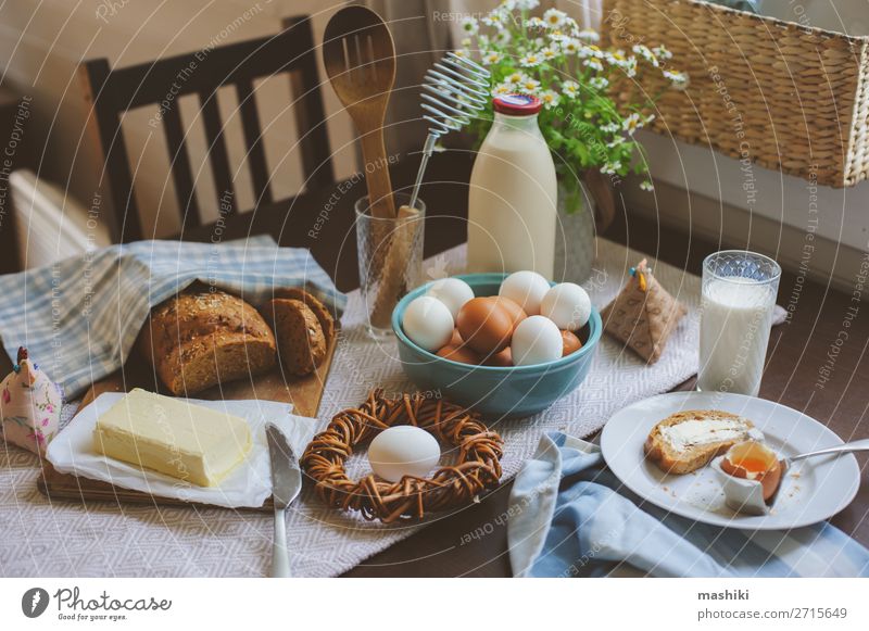 country breakfast on rustic home kitchen with farm eggs Bread Breakfast Plate Decoration Table Kitchen Easter Fresh Natural Green Tradition food spring Meal