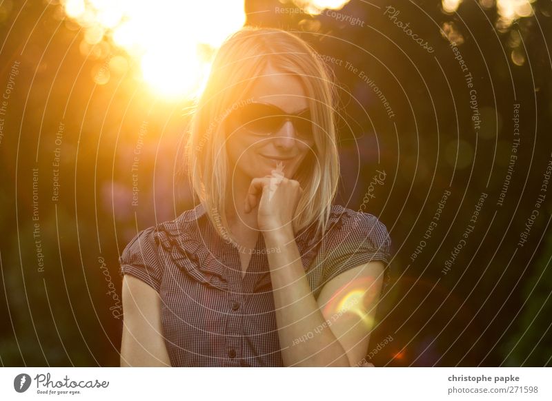summer evening Feminine Young woman Youth (Young adults) 1 Human being 18 - 30 years Adults Sunrise Sunset Sunlight Summer Beautiful weather Sunglasses Blonde