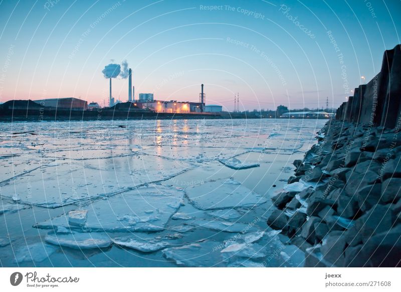 jigsaw Horizon Winter Beautiful weather Ice Frost Deserted Industrial plant Factory Harbour Cold Blue Yellow Pink Black rhine harbour Colour photo Exterior shot