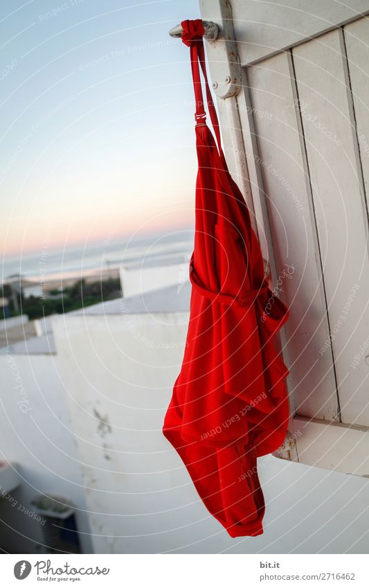 Red swimsuit hangs on a window shutter by the sea. Healthy Wellness Spa Vacation & Travel Tourism Trip Far-off places Freedom Summer vacation Sunbathing Air