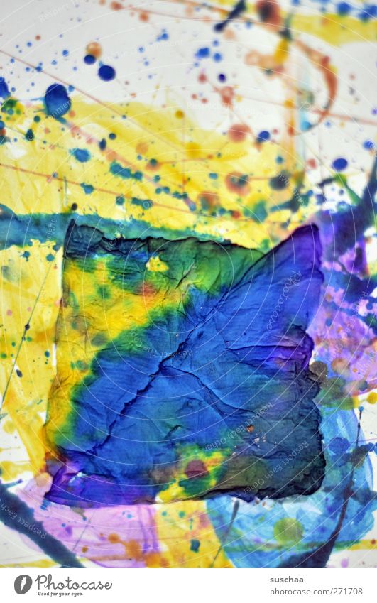 colorflash Art Work of art Painting and drawing (object) Crazy Blue Yellow Violet Paper Patch Structures and shapes Dye Colour photo Multicoloured Close-up