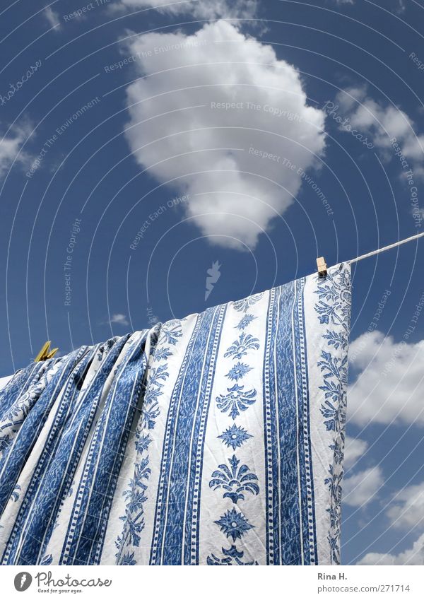 Cheerful Cloudy Sky Clouds Summer Beautiful weather Hang Clean Blue White Pure Clothesline Laundry Tablecloth Pattern Striped Colour photo Exterior shot