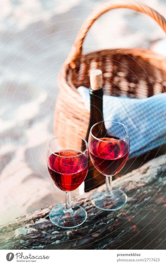 Two wine glasses, wicker basket on beach Beverage Alcoholic drinks Wine Champagne Bottle Champagne glass Beautiful Relaxation Vacation & Travel Summer Sun Beach