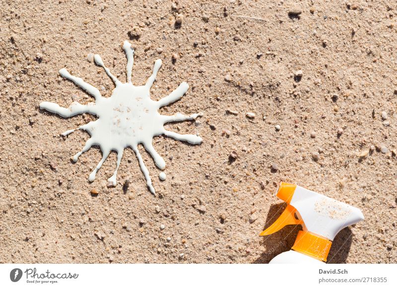 Sun cream spray bottle and sun from sun milk in the sand Cream Suntan lotion Healthy Summer vacation Sunbathing Beach Sand Beautiful weather Yellow White