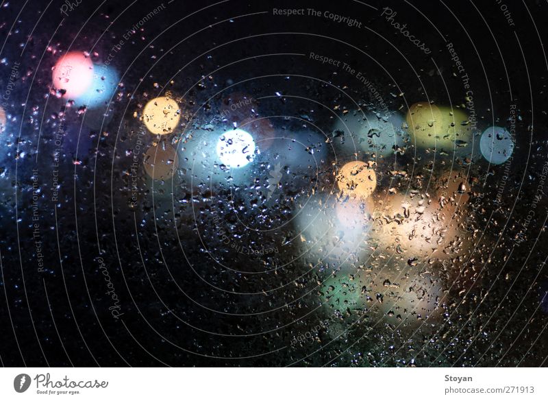 wet window with drops and lights Art Work of art Environment Elements Water Drops of water Night sky Spring Summer Autumn Bad weather Storm Rain Village