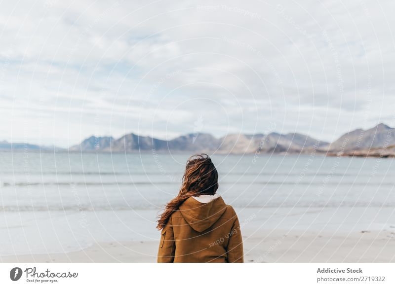 Woman posing at lake Tourist Lake Mountain Hill pretty Cheerful Water Human being Peak Nature Vacation & Travel Vantage point Picturesque Slagheap Landscape