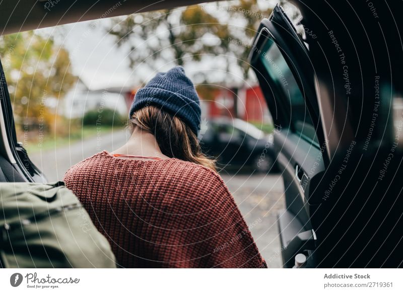 Woman getting out of car Car Village Human being Vehicle Vacation & Travel Transport Trip Lifestyle Tourist Rest Settlement Autumn Street way Easygoing Style