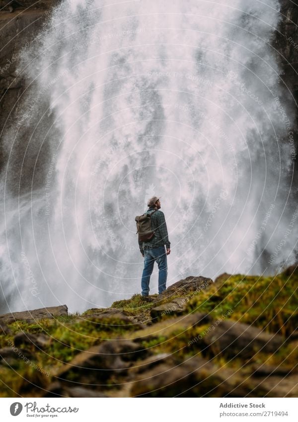 Man on background of waterfall Waterfall Tourist Vacation & Travel Nature Adventure Green Natural Destination trekking Landscape cascade Powerful Anger Stream